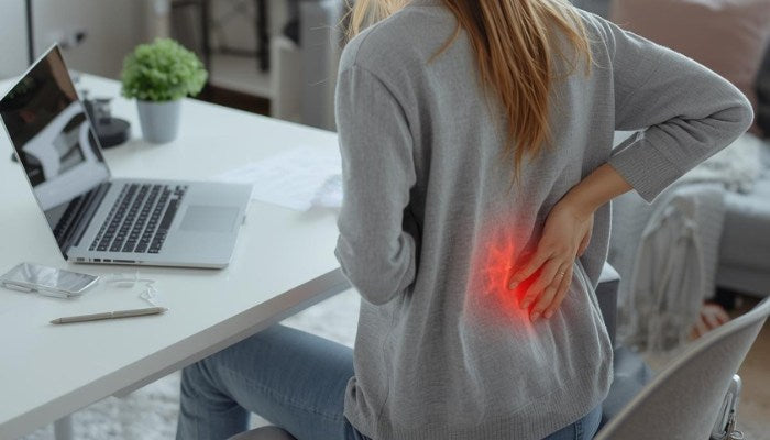 Frau am Schreibtisch mit Rückenschmerzen